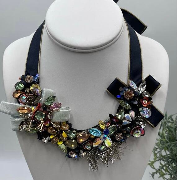 J. Crew Black Ribbon Funfetti AB Tinsel Sequin Floral Multicolor Bow necklace - Picture 1 of 16